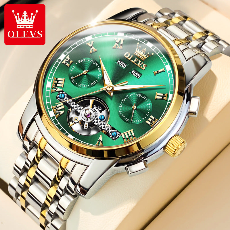 Automatische Herrenuhr Automatikaufzug Blau Edelstahl Tourbillon Mechanisch Leuchtend Wasserdicht Kalender Chronograph Business Luxus Mode