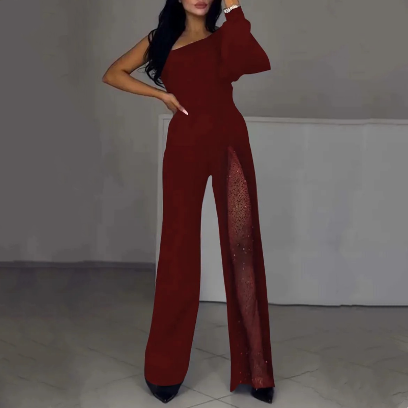 ✨👠Women's One Shoulder Glitter Mesh Flared🖤 Jumpsuit Fashion Party Essential, Sparkle and Shine, Capture Attention!
