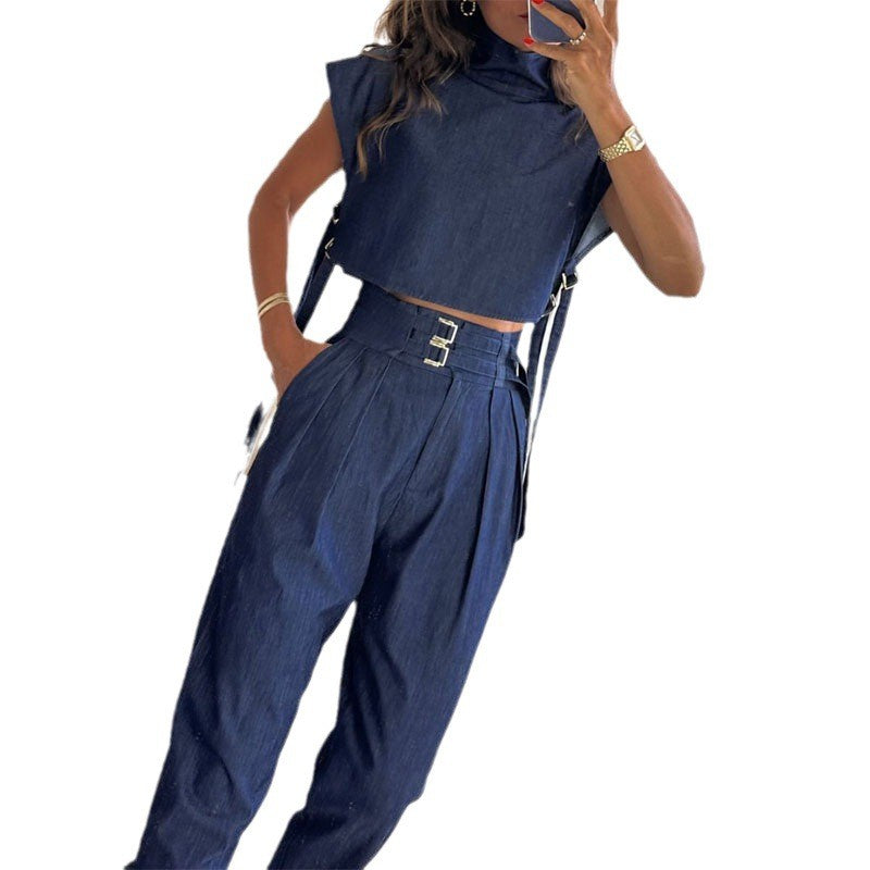 🫦Trendy Fashion Outfits für Damen mit kurzem Oberteil mit hohem Halsausschnitt und 3/4-langer Hose mit hoher Taille