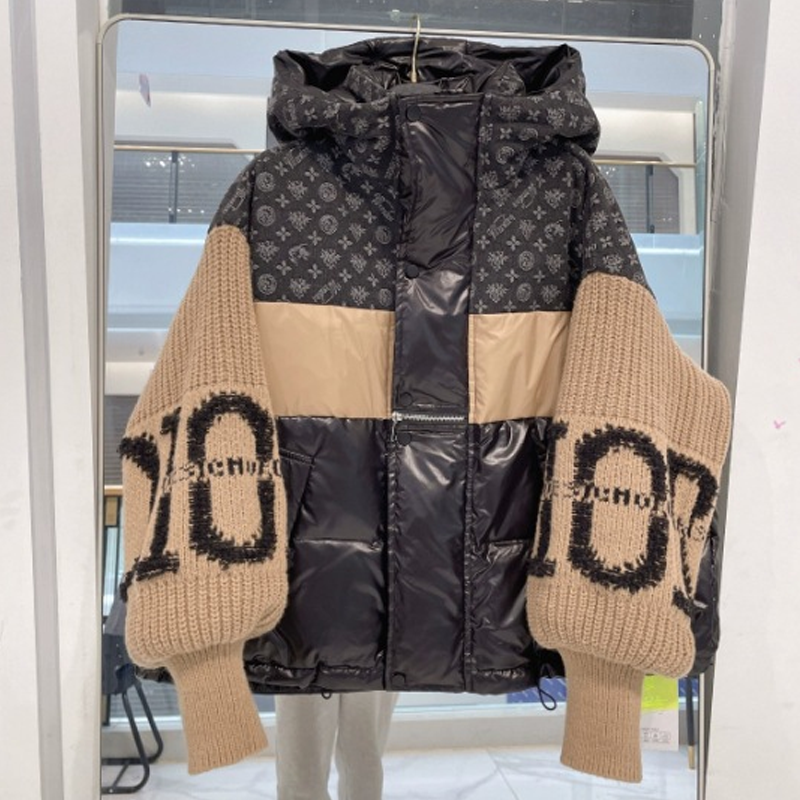 💖Damen Steppjacke mit Kapuze, Strickärmeln und Patchwork-Design