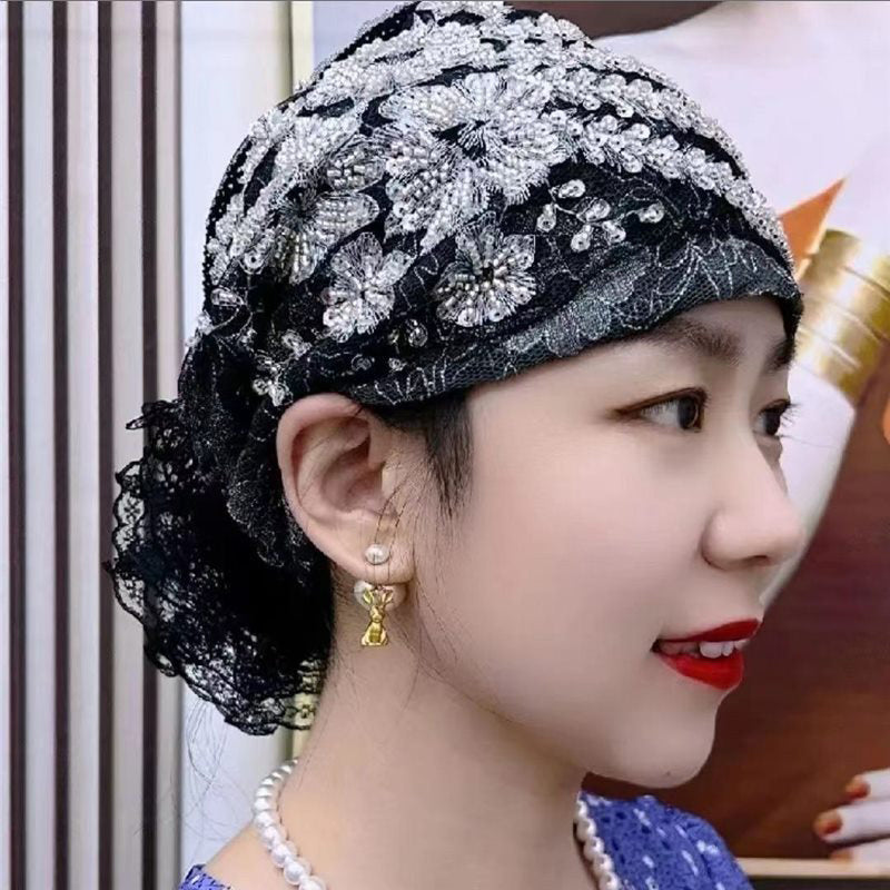 Elegante Pailletten-Spitzen-Turban-Mütze