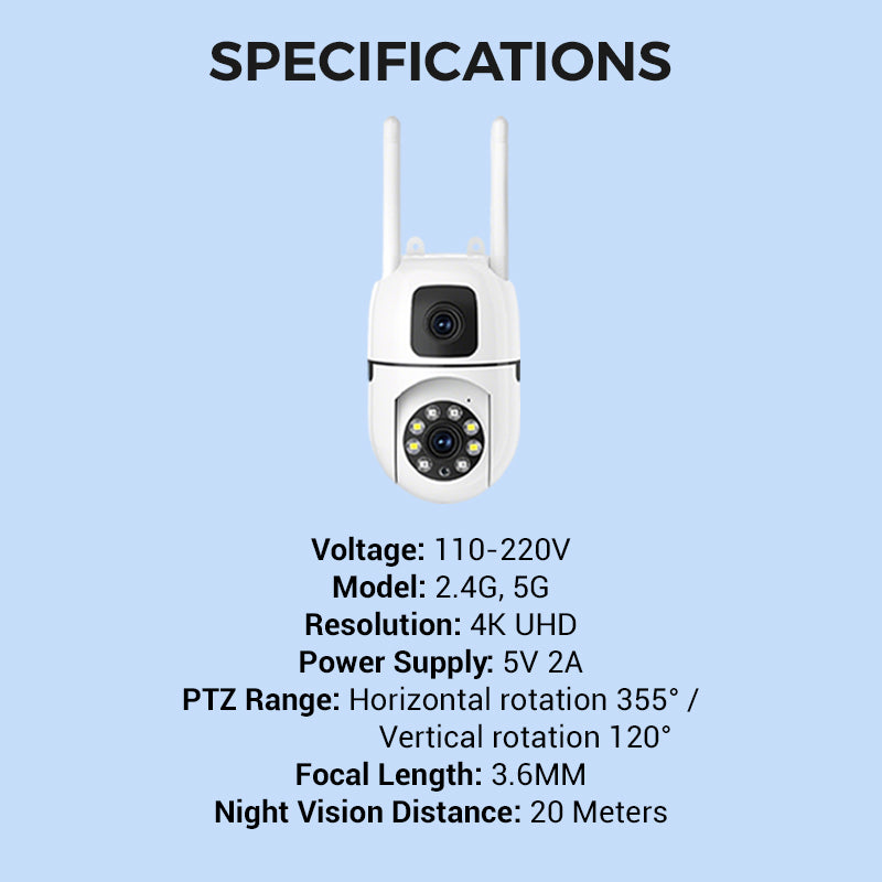 360° Schwenk-Neige 4K Dual-Linsen Sicherheitskamera – Outdoor WLAN Überwachungskamera