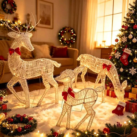 LED-Weihnachtsrentier-Set mit Schleife – dekorative Rentierfamilie für drinnen und draußen