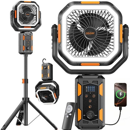 Campingventilator mit abnehmbarem Stativ, wiederaufladbarer Ventilator mit 30.000 mAh, LED-Beleuchtung und 270°-Schwenkfunktion, 4-in-1-Akku-Campingventilator