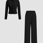 Schmal geschnittenes Langarm-Oberteil mit Knöpfen und weit geschnittene Hose, 2-teiliges Set