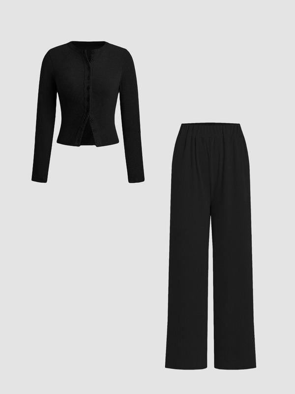 Schmal geschnittenes Langarm-Oberteil mit Knöpfen und weit geschnittene Hose, 2-teiliges Set