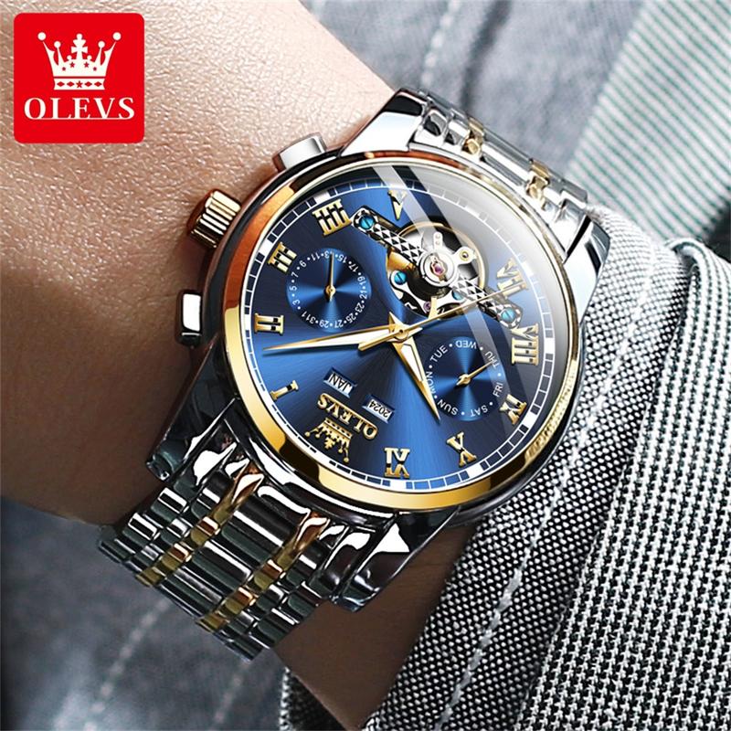 Automatische Herrenuhr Automatikaufzug Blau Edelstahl Tourbillon Mechanisch Leuchtend Wasserdicht Kalender Chronograph Business Luxus Mode