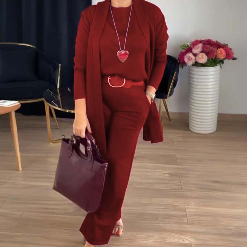 Elegantes 3-teiliges Set: Langer Cardigan, Oberteil und Hose