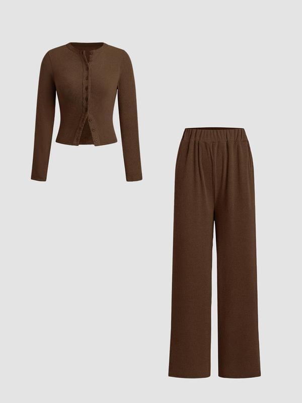 Schmal geschnittenes Langarm-Oberteil mit Knöpfen und weit geschnittene Hose, 2-teiliges Set