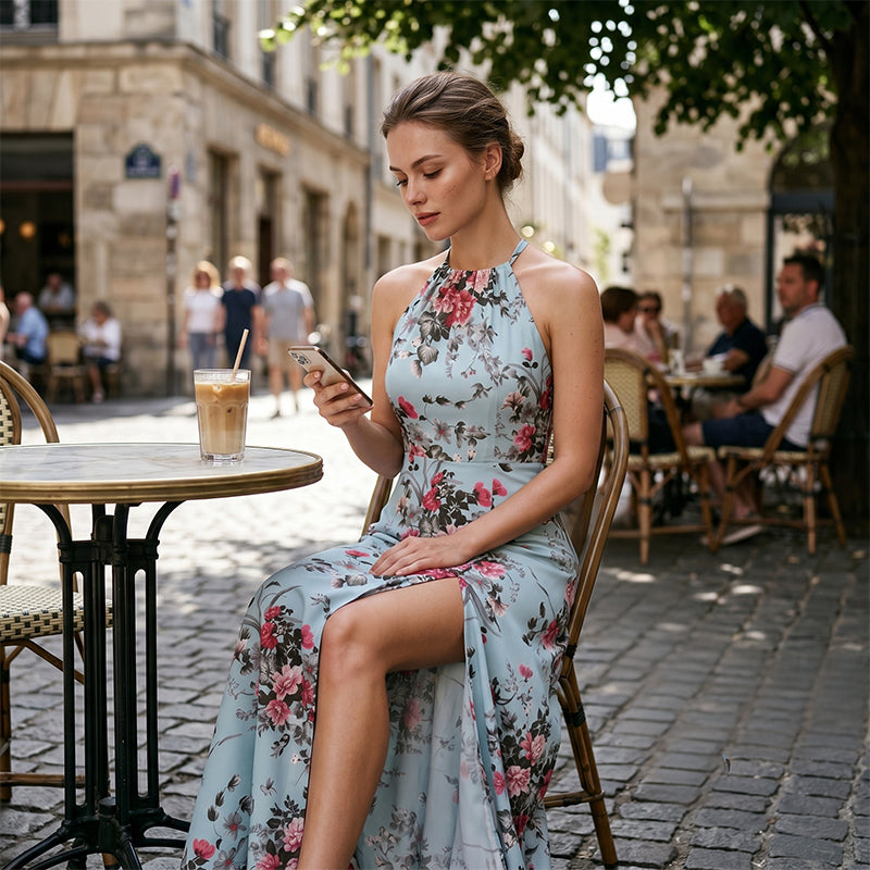 👗 LIMITIERTES ANGEBOT 50% RABATT! ✨ Blumenmuster Halterkleid – Elegant, Mit Seitenschlitz, Vielseitig 🌸