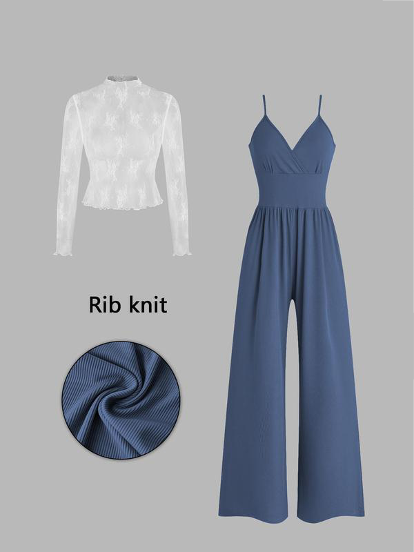 👗 LIMITED-TIME 50% RABATT! ✨ Glamouröser Zweiteiler – V-Ausschnitt Overall, Spitzen-Shirt ✨