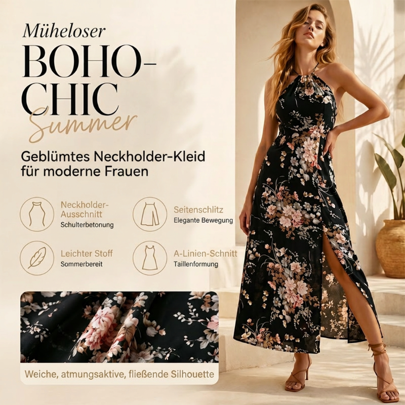 👗 LIMITIERTES ANGEBOT 50% RABATT! ✨ Blumenmuster Halterkleid – Elegant, Mit Seitenschlitz, Vielseitig 🌸