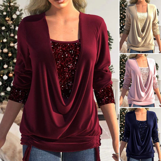✨👗Sequin Loose Smocked Fake Zweiteiliges Top Stilvoll und vielseitig, bequem und formschön, strahlt eleganten weiblichen Charme aus!