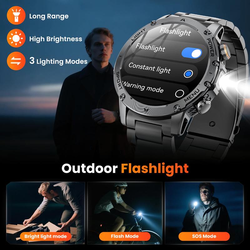 Herren-Military-Smartwatch mit 1000 mAh Akku, 1,91 Zoll AMOLED-Display, LED-Taschenlampe/5 ATM wasserdichte Fitnessuhr mit Telefonfunktion, 110+ Sportmodi / Herzfrequenz / Schlafmonitor / SpO2, iOS/Android