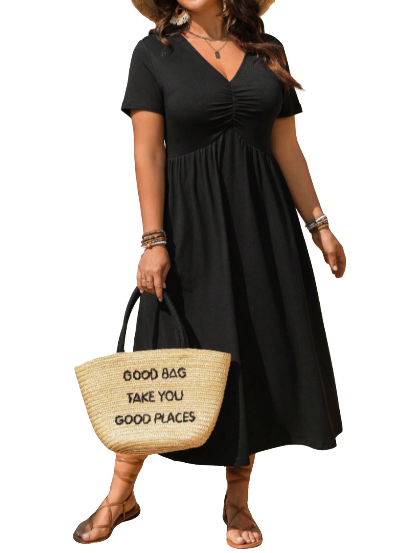 📢📢Limitiertes Angebot – 50 % Rabatt !! ⏰Midi-Kleid in Übergröße mit V-Ausschnitt, Rüschen und kurzen Ärmeln