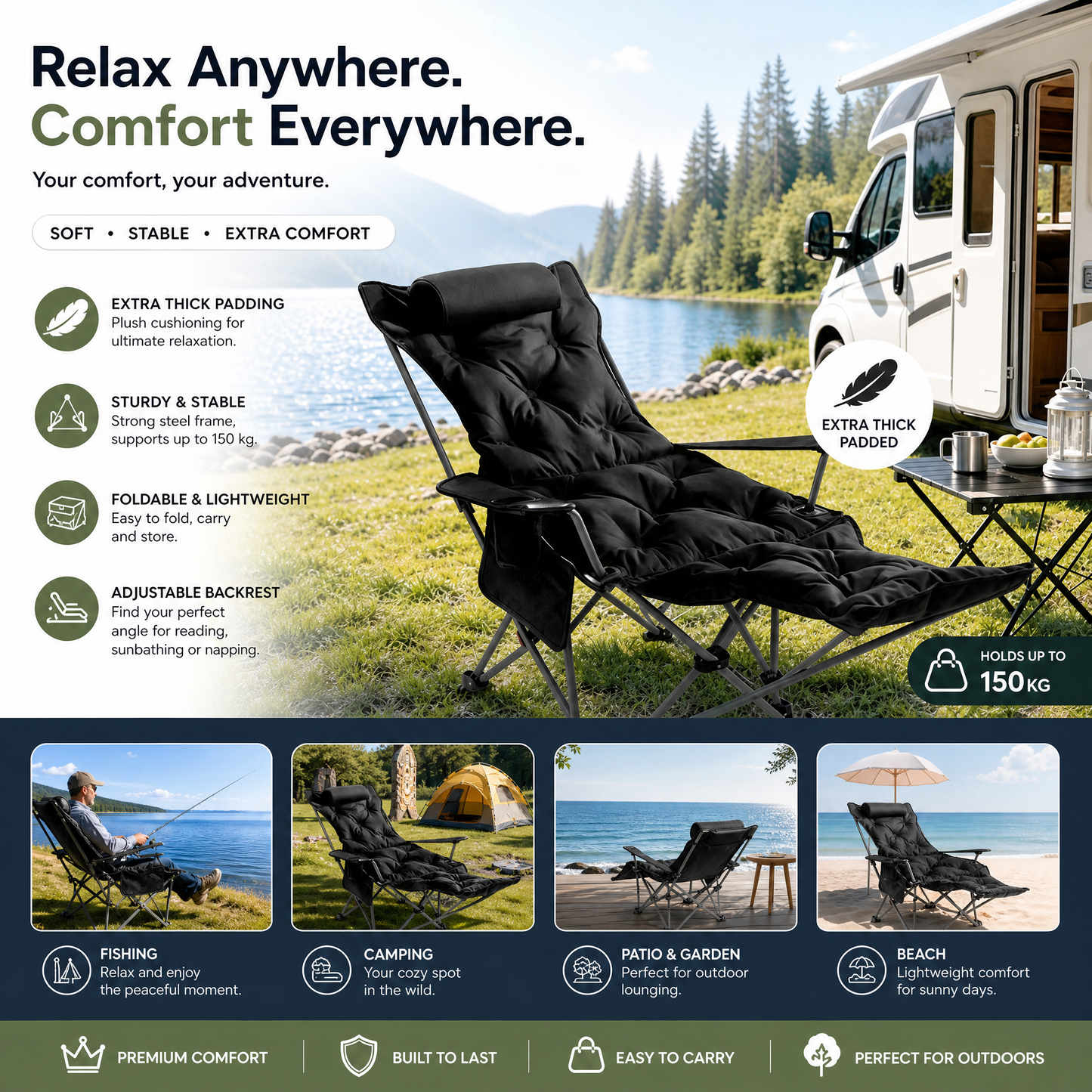 🪑  Tragbarer verstellbarer Klappstuhl für Außenbereich – Leicht, stabil & vielseitig – Ideal für Garten, Camping, Strand oder Terrasse – einfacher Transport und Aufbau 🏕️✨