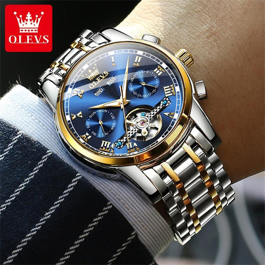Automatische Herrenuhr Automatikaufzug Blau Edelstahl Tourbillon Mechanisch Leuchtend Wasserdicht Kalender Chronograph Business Luxus Mode