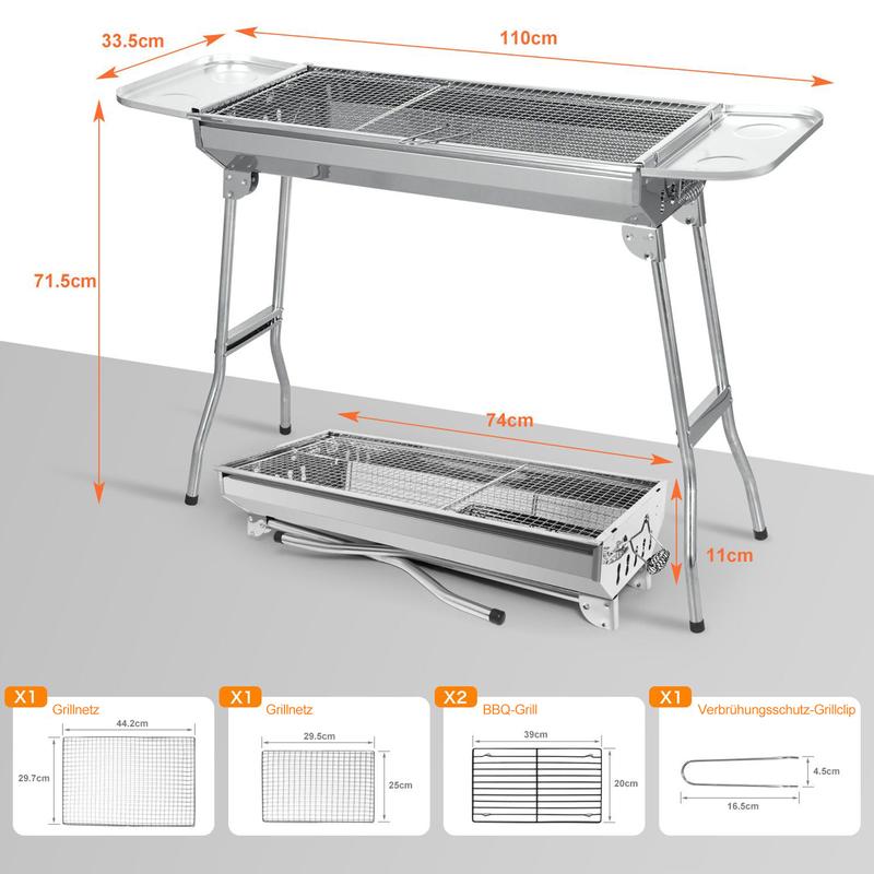 Klappbarer Holzkohlegrill aus Edelstahl für den Garten -73*33,5*70 cm tragbarer, klappbarer Grill -aus Edelstahl