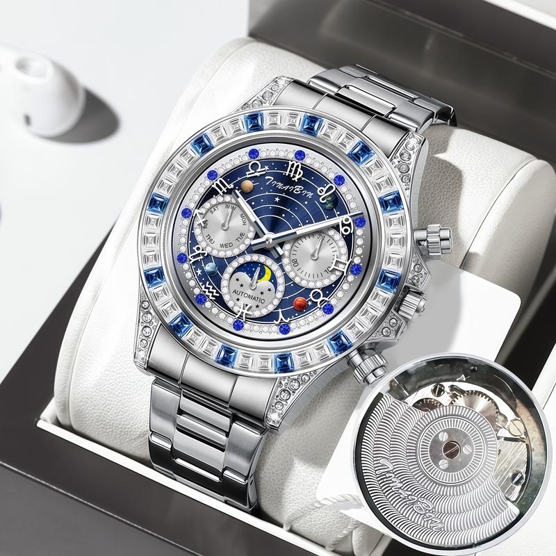 TINAIBIN Zwölf Sternzeichen & Sternenhimmel Diamant Automatikuhr Skelett Herrenuhr