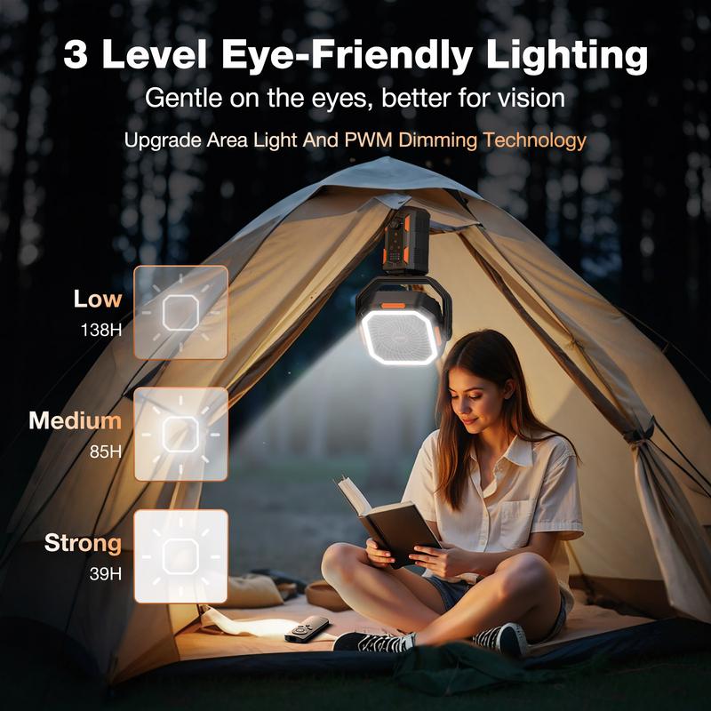 Campingventilator mit abnehmbarem Stativ, wiederaufladbarer Ventilator mit 30.000 mAh, LED-Beleuchtung und 270°-Schwenkfunktion, 4-in-1-Akku-Campingventilator