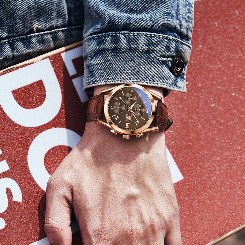 ⏰Black Friday Sale 50 % RABATT💥💥OLEVS Dreiaugen-Sechszeiger-Leder-Freizeit-Chronograph Herrenuhr