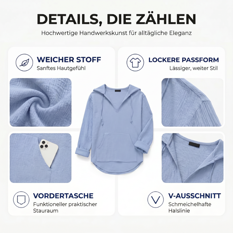⏰Zeitlich begrenzter Verkauf 50% RABATT🏖️Übergroßes Strandkleid mit Kapuze für Damen – Langärmliges Hemd mit V-Ausschnitt und Tasche