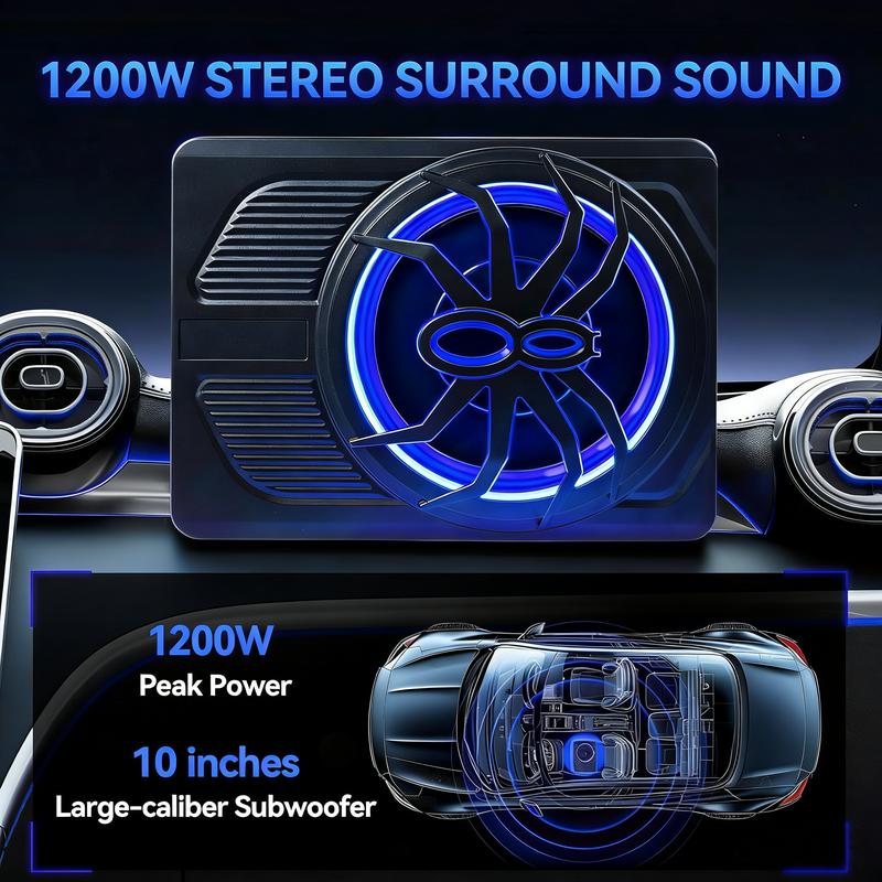 1200W 10'' Untersitz-Aktiv-Subwoofer +Kabelset&Licht Auto Bassbox Kompakt Lautsprecher