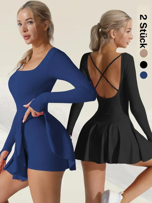 Damen-Sportkleid, einfarbig, mit gekreuztem Rückenausschnitt, 2-in-1