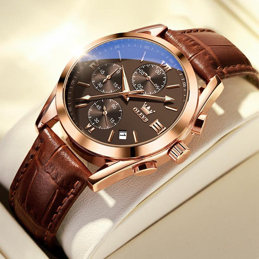 ⏰Black Friday Sale 50 % RABATT💥💥OLEVS Dreiaugen-Sechszeiger-Leder-Freizeit-Chronograph Herrenuhr