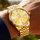 Herrenuhr mit Diamantenbesatz, Kristallglas, Spiegelglanz und goldenem Stahlarmband