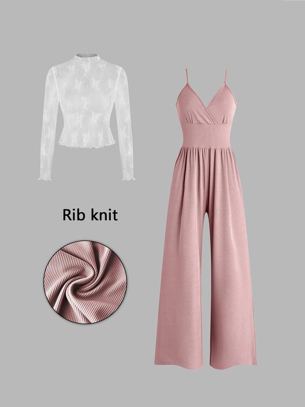 👗 LIMITED-TIME 50% RABATT! ✨ Glamouröser Zweiteiler – V-Ausschnitt Overall, Spitzen-Shirt ✨