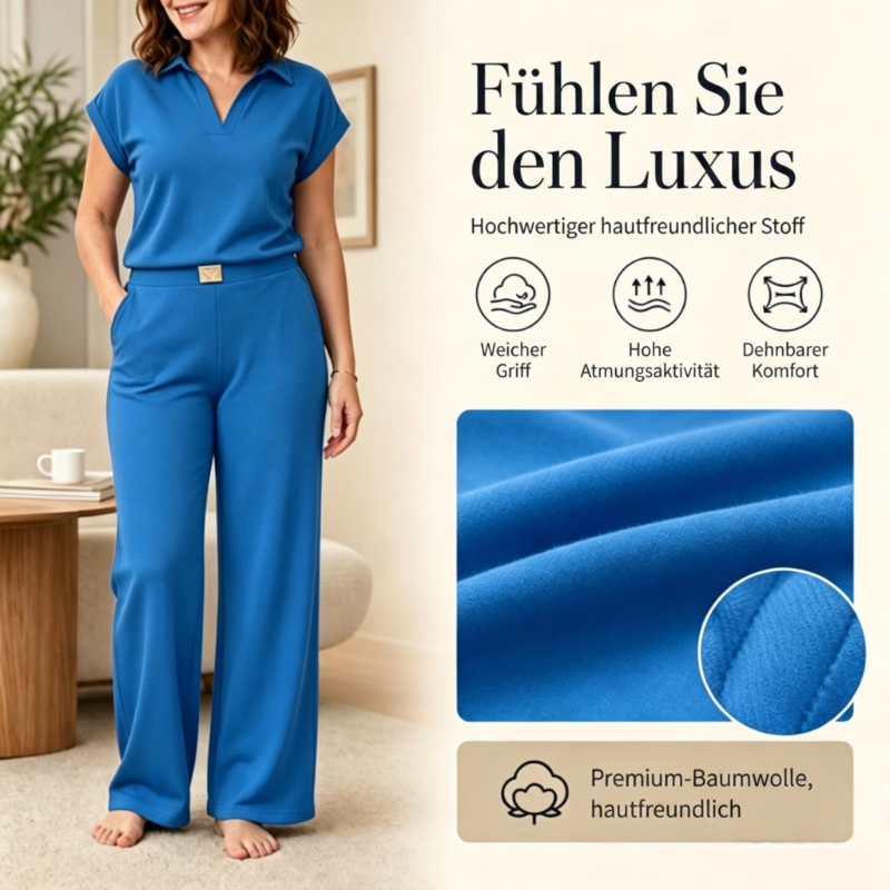 🔥👚 50% Rabatt! Damen Chic Zweiteiler-Set: Bequemes Polo-Top & Wide-Leg-Hose | Elegant für Jeden Tag & Jede Gelegenheit 🌸💨