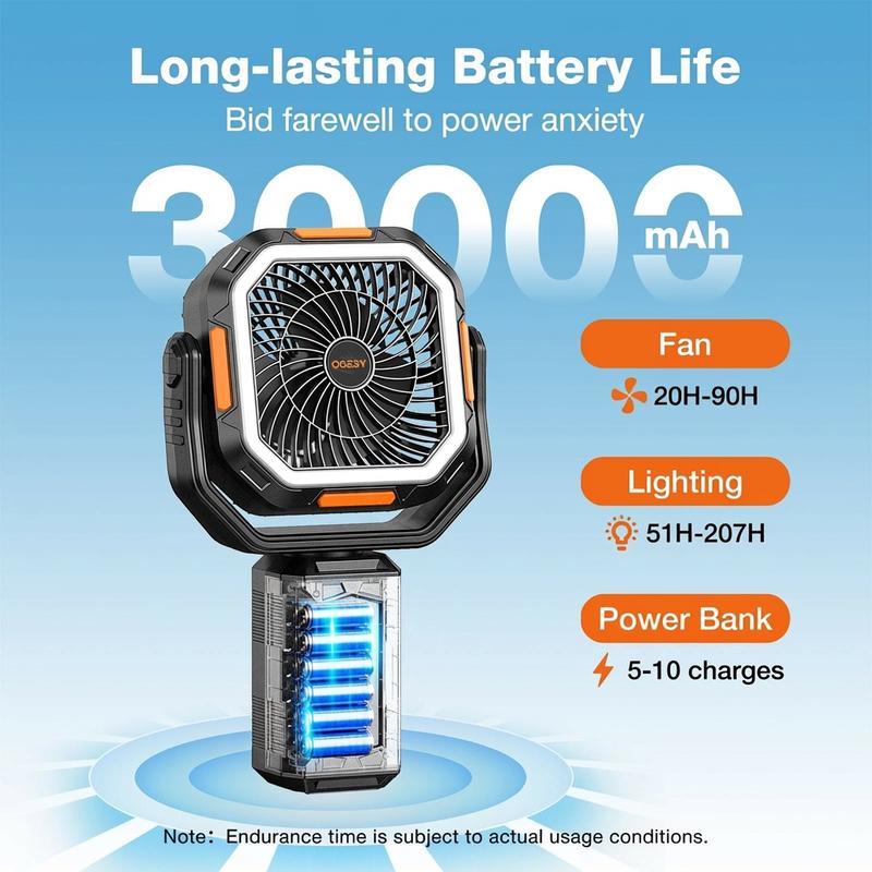 Campingventilator mit abnehmbarem Stativ, wiederaufladbarer Ventilator mit 30.000 mAh, LED-Beleuchtung und 270°-Schwenkfunktion, 4-in-1-Akku-Campingventilator