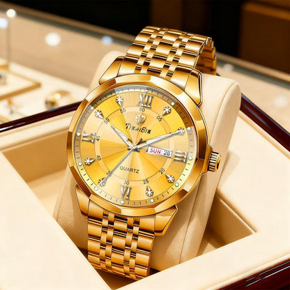 Herrenuhr mit Diamantenbesatz, Kristallglas, Spiegelglanz und goldenem Stahlarmband