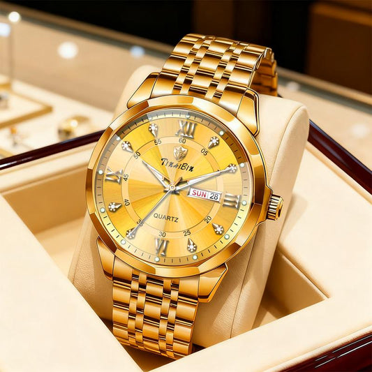 Herrenuhr mit Diamantenbesatz, Kristallglas, Spiegelglanz und goldenem Stahlarmband