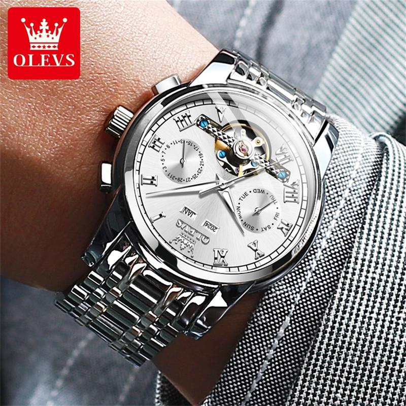 Automatische Herrenuhr Automatikaufzug Blau Edelstahl Tourbillon Mechanisch Leuchtend Wasserdicht Kalender Chronograph Business Luxus Mode