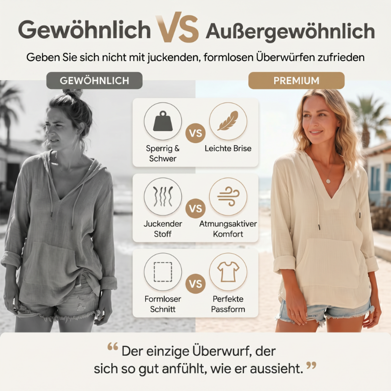 ⏰Zeitlich begrenzter Verkauf 50% RABATT🏖️Übergroßes Strandkleid mit Kapuze für Damen – Langärmliges Hemd mit V-Ausschnitt und Tasche