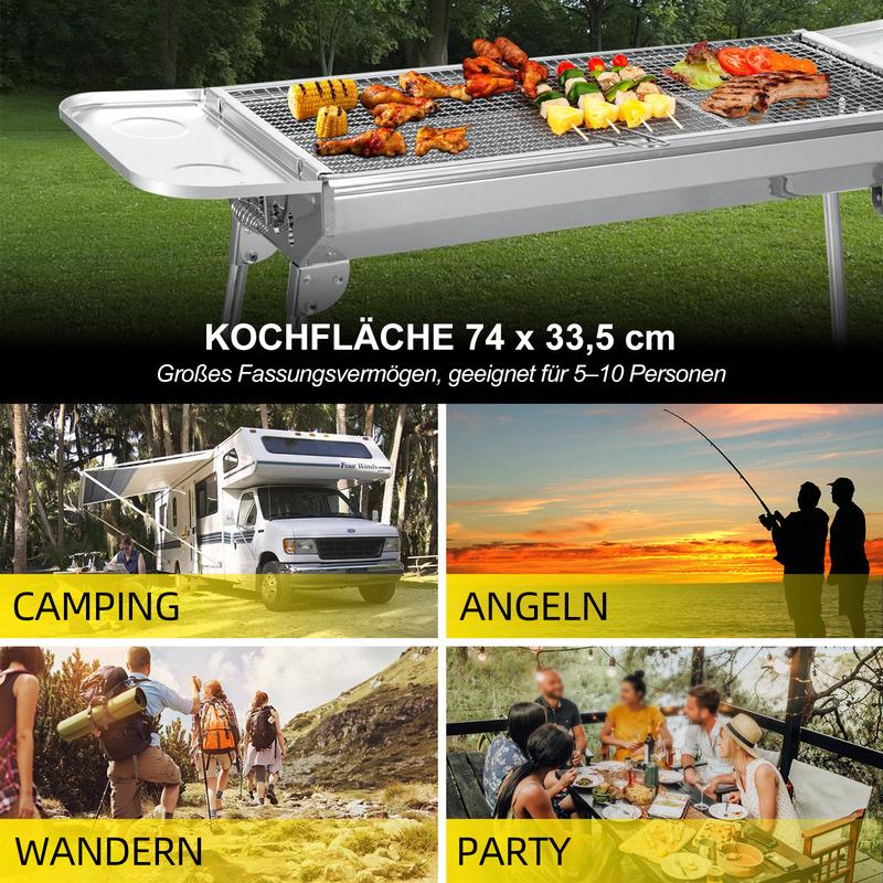 Klappbarer Holzkohlegrill aus Edelstahl für den Garten -73*33,5*70 cm tragbarer, klappbarer Grill -aus Edelstahl