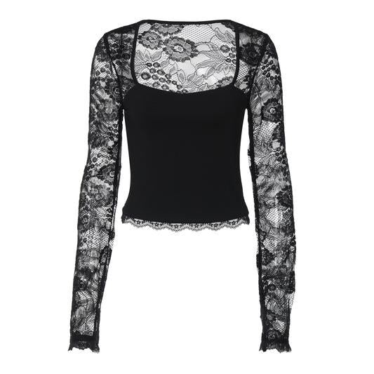 Einfarbiges Damen-T-Shirt mit Spitzenblumenmuster, gesplitteten Rüschen und transparenten Ärmeln