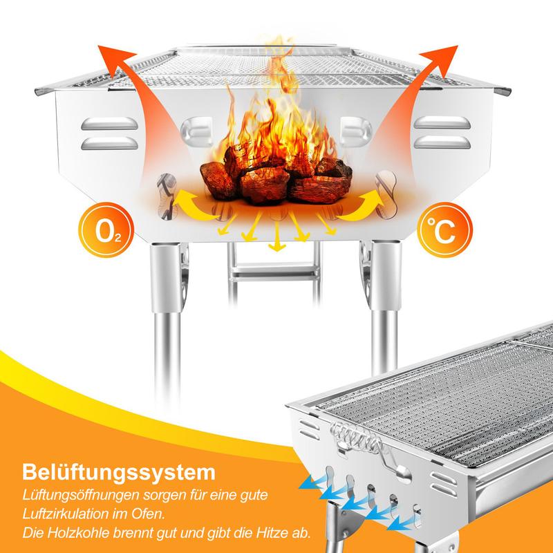 Klappbarer Holzkohlegrill aus Edelstahl für den Garten -73*33,5*70 cm tragbarer, klappbarer Grill -aus Edelstahl