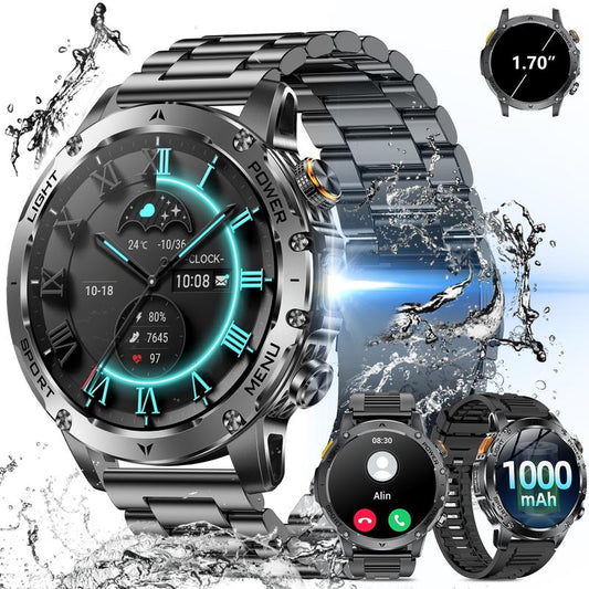 Herren-Military-Smartwatch mit 1000 mAh Akku, 1,91 Zoll AMOLED-Display, LED-Taschenlampe/5 ATM wasserdichte Fitnessuhr mit Telefonfunktion, 110+ Sportmodi / Herzfrequenz / Schlafmonitor / SpO2, iOS/Android