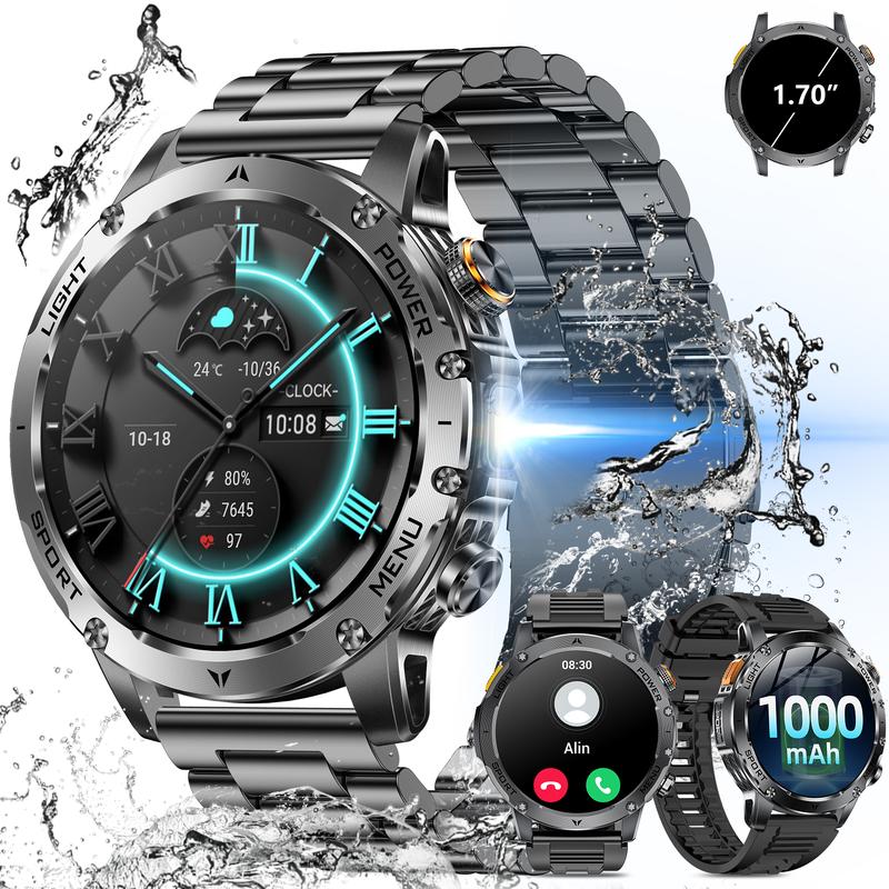 Herren Smartwatch im Militärstil mit 1100‑mAh‑Akku, 1,7‑Zoll‑AMOLED‑Display, LED‑Taschenlampe, IP68 wasserdicht, Fitnessuhr mit Telefonfunktion, über 110 Sportmodi, Herzfrequenz /Schlafüberwachung, kompatibel mit iOS und Android