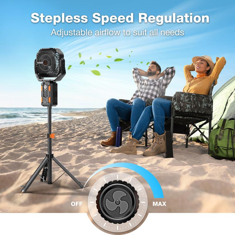 Campingventilator mit abnehmbarem Stativ, wiederaufladbarer Ventilator mit 30.000 mAh, LED-Beleuchtung und 270°-Schwenkfunktion, 4-in-1-Akku-Campingventilator
