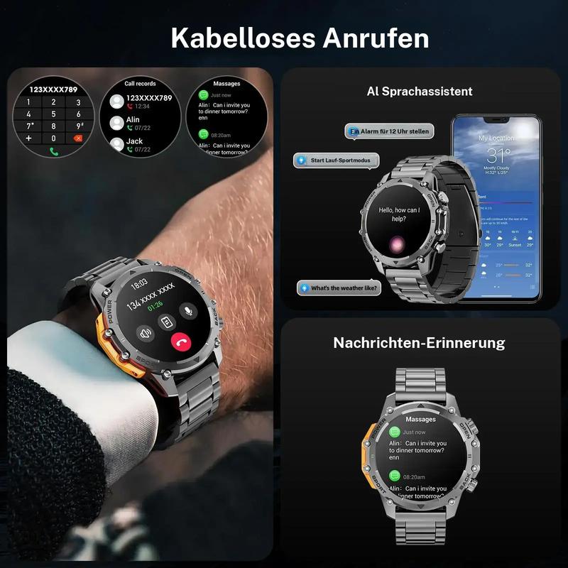 1,52'' HD-Smartwatch für Herren – Telefonieren und Musiksteuerung – Mehrere Sportmodi – Wasserdicht gemäß IP68 – Lange Akkulaufzeit – Fitnessuhr für Android und iPhone