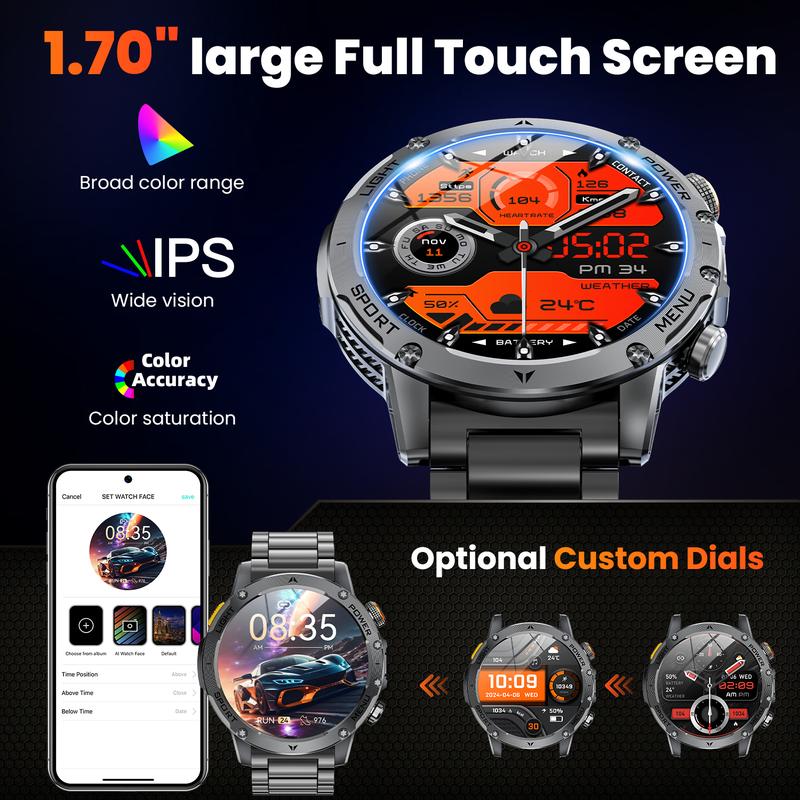 Herren-Military-Smartwatch mit 1000 mAh Akku, 1,91 Zoll AMOLED-Display, LED-Taschenlampe/5 ATM wasserdichte Fitnessuhr mit Telefonfunktion, 110+ Sportmodi / Herzfrequenz / Schlafmonitor / SpO2, iOS/Android