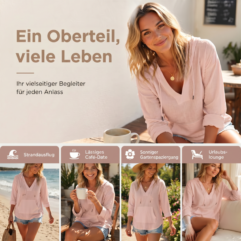 ⏰Zeitlich begrenzter Verkauf 50% RABATT🏖️Übergroßes Strandkleid mit Kapuze für Damen – Langärmliges Hemd mit V-Ausschnitt und Tasche