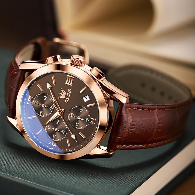 ⏰Black Friday Sale 50 % RABATT💥💥OLEVS Dreiaugen-Sechszeiger-Leder-Freizeit-Chronograph Herrenuhr