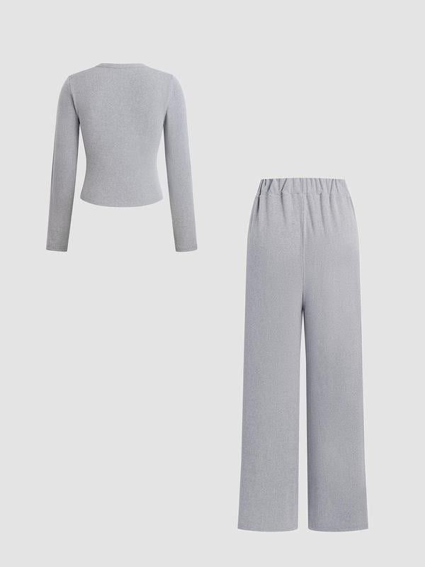 Schmal geschnittenes Langarm-Oberteil mit Knöpfen und weit geschnittene Hose, 2-teiliges Set