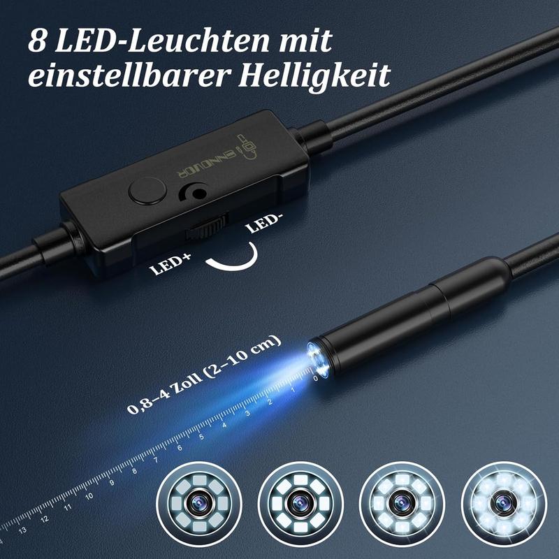 1920P HD Endoskop-Kamera mit 8 einstellbaren LED-Leuchten, 3.5m halbstarre Schlangenkamera, IP67 wasserdicht, Inspektionskamera für iOS und Android