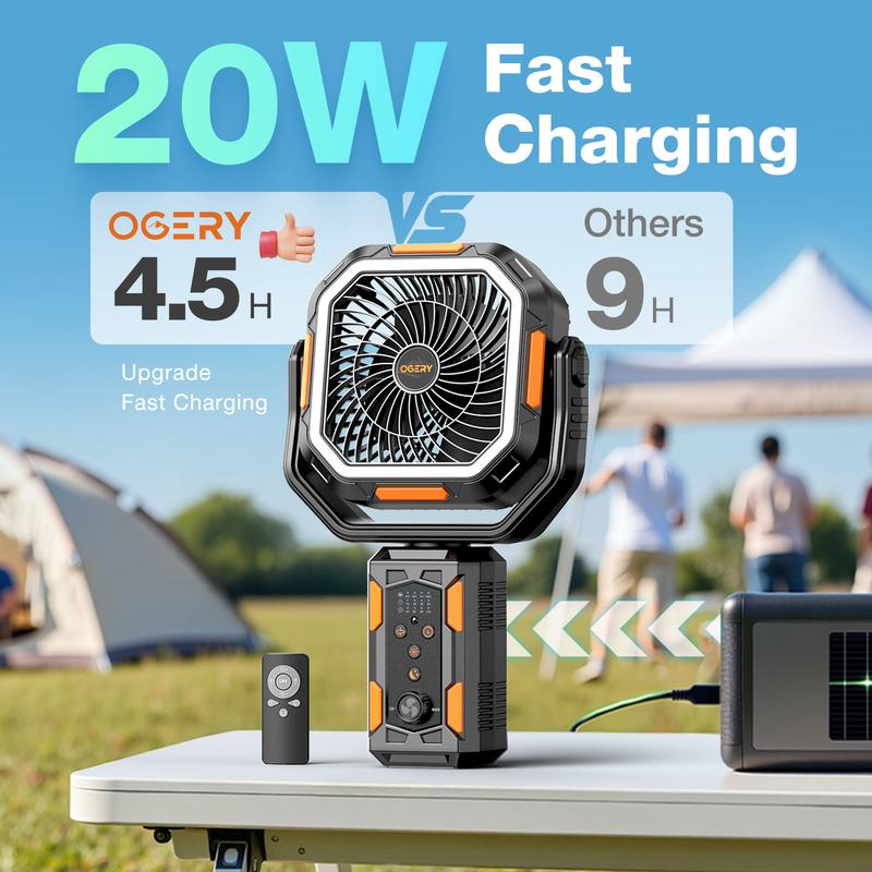 Campingventilator mit abnehmbarem Stativ, wiederaufladbarer Ventilator mit 30.000 mAh, LED-Beleuchtung und 270°-Schwenkfunktion, 4-in-1-Akku-Campingventilator